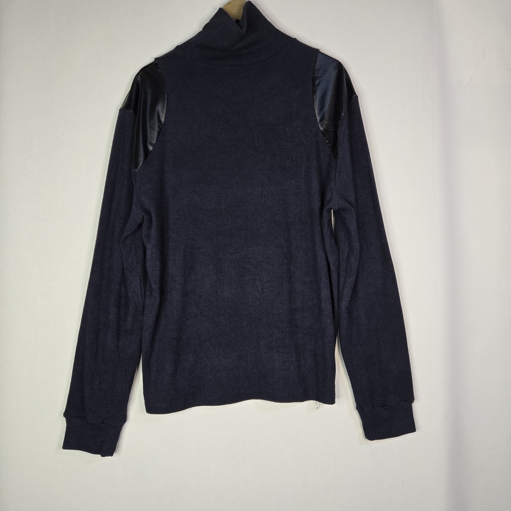 OkayWEAR Men's Size 4XLNavy Sweater with Black Faux Leather Shoulder Accents NWT